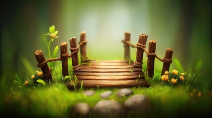 Enchanting Wooden Bridge Amidst Lush Greenery and Flowers in Magical Forest Landscape