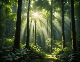 A lush green forest with tall trees, the sunlight filtering through the dense canopy, creating a mystical atmosphere