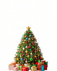 Fototapeta premium A festive illustration of a decorated Christmas tree surrounded by colorful gifts and presents, capturing the joy of the holiday season