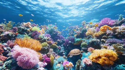 A vibrant coral reef teeming with life, with a sea turtle swimming through the colorful coral formations.