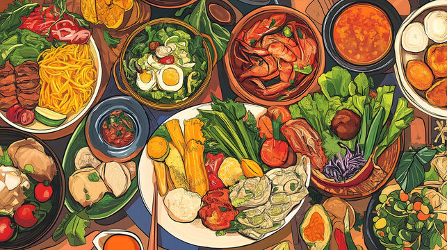 Vibrant top-down illustration of a diverse array of dishes from various cuisines, featuring fresh vegetables, meats, soups and noodles, celebrating the richness of food on World Food Day. - Powered by Adobe