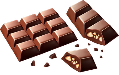 Chocolate bars another and Almond nut chocolate splash. milk, dairy product. isolated on white background. Realistic vector illustration. Mesh