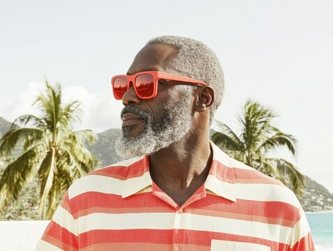 Tropical Beach Vibes Stylish Senior Man at Sunset