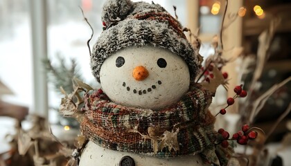 A whimsical snowman figure crafted from winter materials, showcasing the holiday spirit.