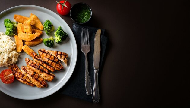 Prato feito com tiras de frango grelhadas e acompanhadas de legumes