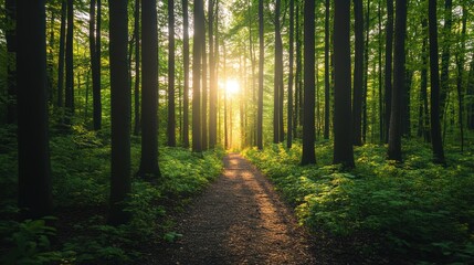 Fototapeta premium A serene forest path illuminated by sunlight, inviting exploration and connection with nature.