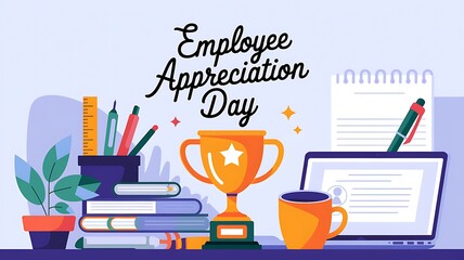 Illustration of Office Supplies and a Trophy for Employee Appreciation Day