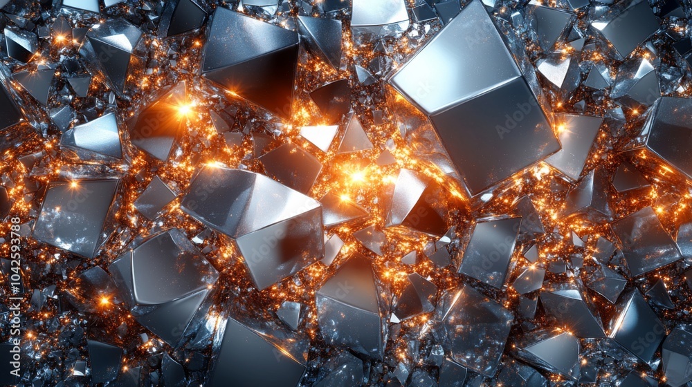 Aufkleber a collection of shiny metallic cubes reflects warm light against a dark background, forming an intri