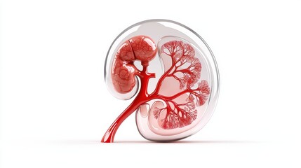 Fototapeta premium Transparent view of the kidney anatomy, showing the internal structure of the cortex and renal arteries on a white background.