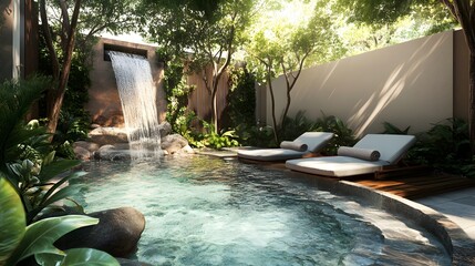 Elegant spa located in a tranquil garden with soothing water features and comfortable lounge chairs promoting relaxation and peace