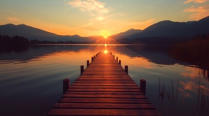 Fototapeta premium Charming wooden dock extending into a tranquil lake at sunset with silhouettes of mountains in the background enhancing the beauty
