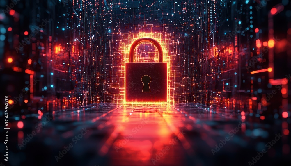 Poster Glowing Padlock Within a Digital Network of Lights