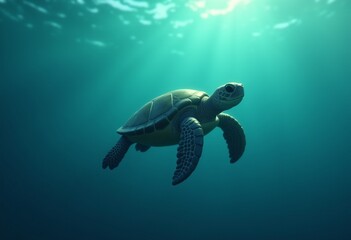 Obraz premium Underwater Adventure: A Close-Up of a Small Sea Turtle Swimming with Urgency and Grace