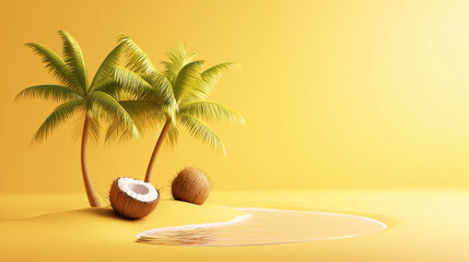 Obraz premium 3D style, cartoon, island, coconut trees, travel scenery, free space for text on right side, yellow background 