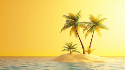 3D style, cartoon, island, coconut trees, travel scenery, free space for text on right side, yellow background 