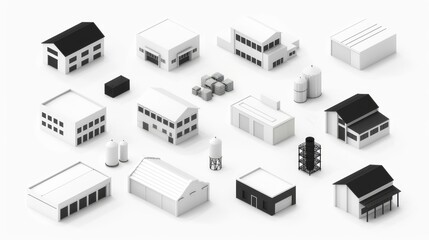 Detailed Collection of Various Industrial Factory Buildings in Monochrome Illustrations