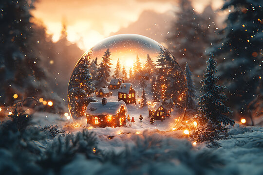 tiny magical world inside snow globe, featuring charming winter village with glowing houses surrounded by snow covered trees. enchanting scene captures essence of cozy holiday atmosphere