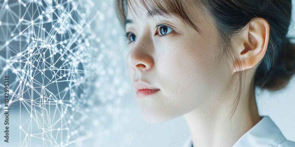 Poster futuristic technology asian engineer engaged with holographic interface in modern control center