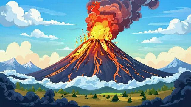 Cartoon Landscape of an active volcano with smoke clouds
