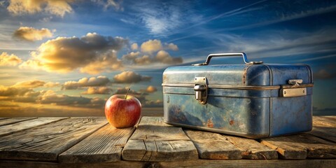 A weathered blue metal box rests on a rustic wooden table, an apple sits nearby, with a vibrant sky filled with fluffy clouds as the backdrop.