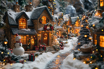 Fototapeta premium charming winter village scene featuring cozy cottages adorned with festive decorations, twinkling lights, and cheerful snowman. snowy landscape creates magical holiday atmosphere