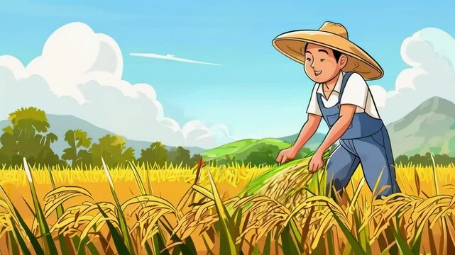 Cartoon A farmer harvesting rice in a rice field