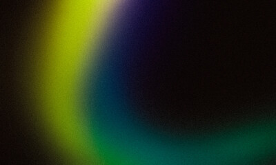 Abstract dark glowing color flow grainy backdrop design, yellow green blue black color wave on dark noisy gradient, website header, cover, banner, poster.