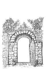 Hand-Drawn Sketch of Antique Brick Gate with Open Door, bamboo tree black at white background
