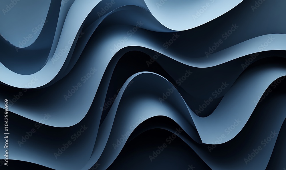 Fototapete A smooth, abstract design featuring flowing waves in shades of blue and black, creating a sense of depth and movement.