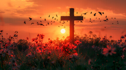 Silhouette cross and birds flying in autumn sunrise