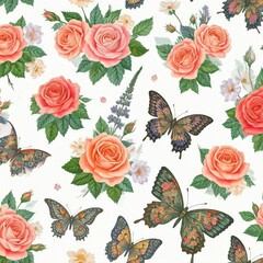 A seamless pattern with butterflies and flowers.
