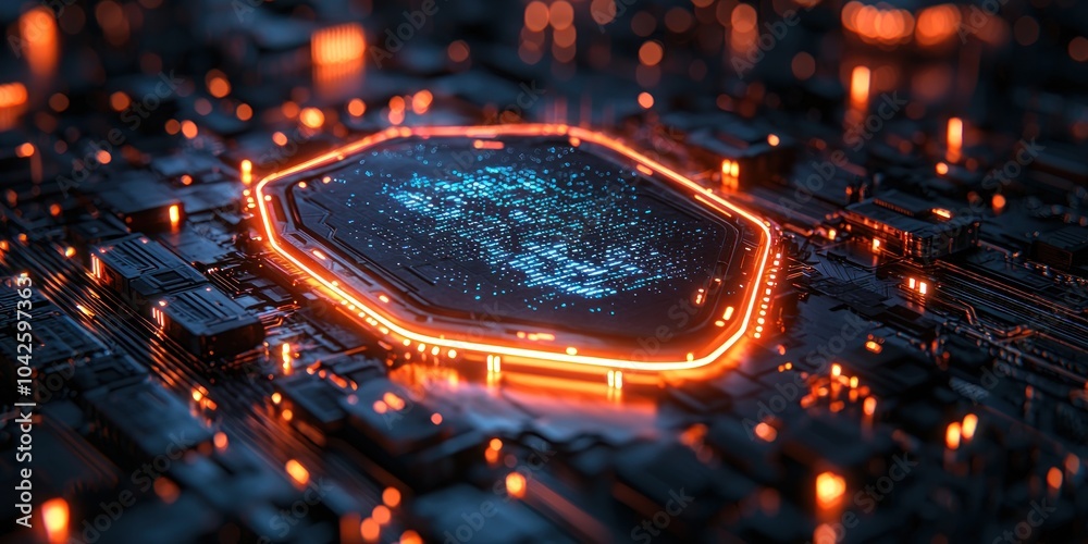 Poster Glowing Orange Circuit Board with Blue Data Pattern