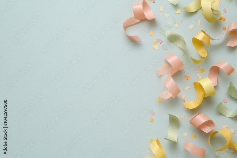 Poster vibrant abstract design with colorful confetti and streamers on light background