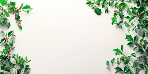 A minimalistic background framed with holly leaves and berries.