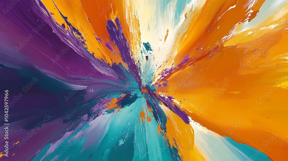 Poster a vibrant, abstract painting featuring swirls of purple, orange, and turquoise, creating a dynamic v