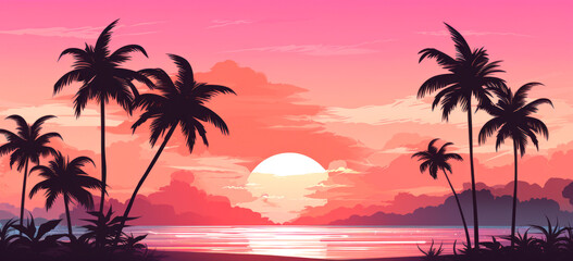 Obraz premium Tropical sunset with palm trees flat vector illustration