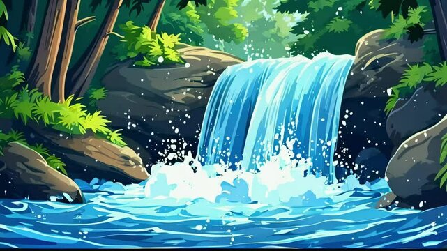 Cartoon Slow-motion motion of a rushing waterfall in the forest
