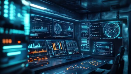 Obraz premium A futuristic control room with multiple screens displaying data and graphs