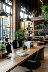 Obraz premium Modern office interior featuring natural elements and a sleek design for productive workspaces