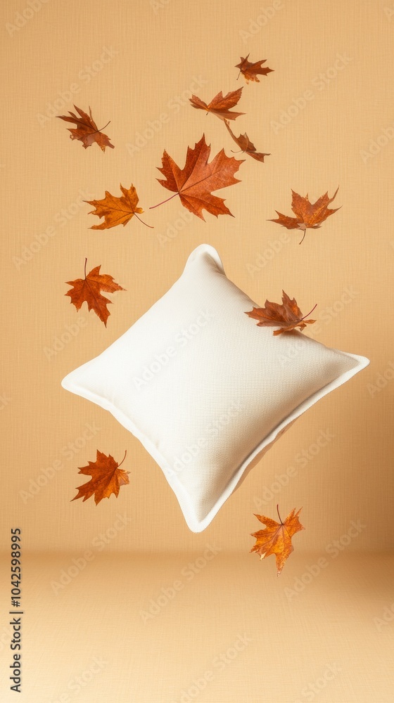 Aufkleber minimalist autumn composition with falling pillow and leaves in scandinavian style