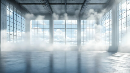 Industrial Building Interior with Windows and Fog 3D Illustration