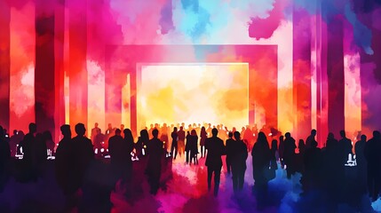 Obraz premium Silhouettes of People at a Glowing Event Watercolor Painting