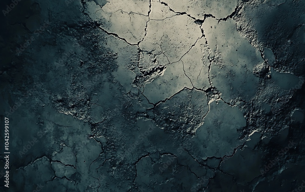 Poster cracked surface texture with dark tones, creating an abstract, gritty backdrop that conveys age and 