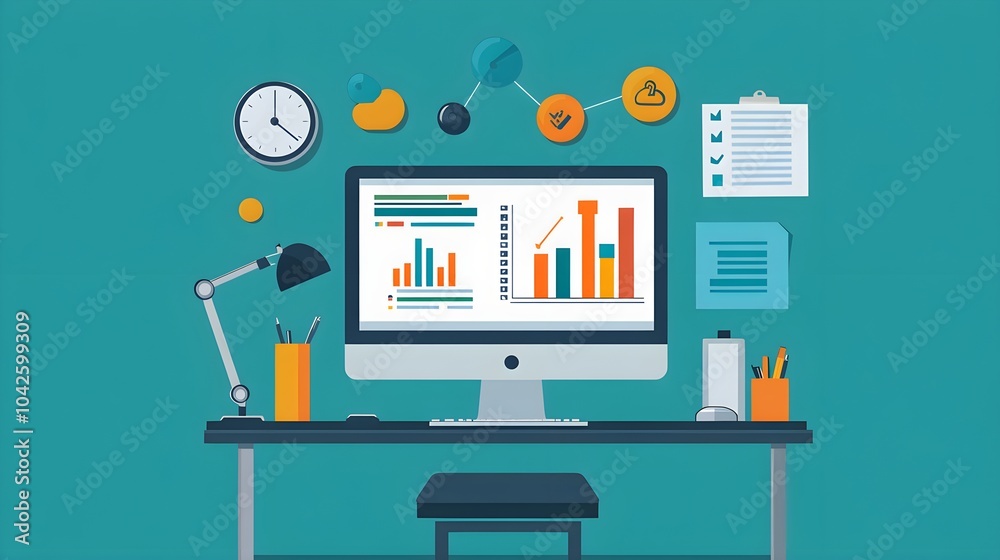Aufkleber modern office workspace with desktop computer and data analysis charts