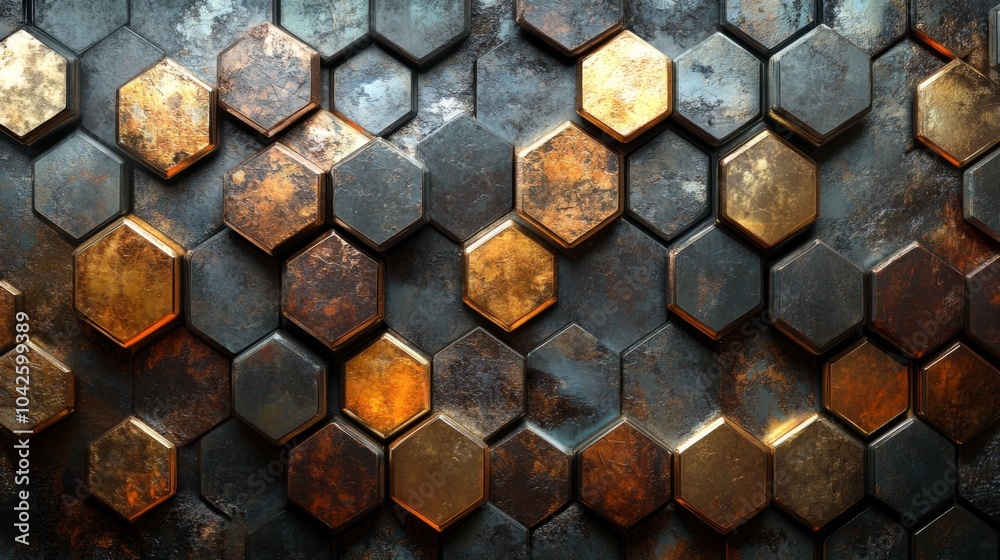 Poster A striking wall composed of hexagonal tiles in various shades of dark and gold creates an artistic display in a contemporary industrial space, emphasizing texture and depth.