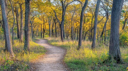 Fototapeta premium A winding path through a serene forest with autumn foliage.