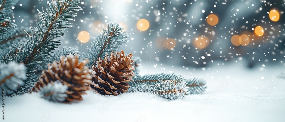 Poster pine cones and evergreen branches in snowy winter scene with blurry lights