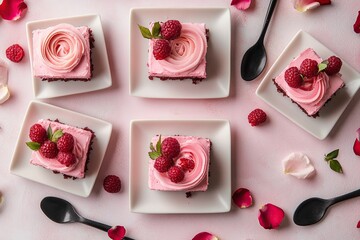 A flat lay of three square plates with pink cake slices each decorated with raspberry cream