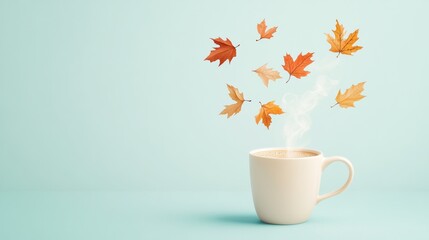 Minimalist Coffee Cup with Autumn Leaves and Pastel Background in Contemporary Style