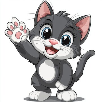 This adorable cartoon kitten with big blue eyes and a friendly wave is perfect for designs targeting children, pet lovers, or anyone looking for a touch of cuteness.